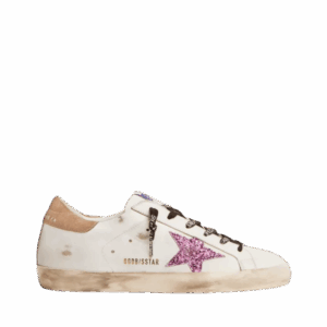 Golden Goose Super-Star in pelle bianca con stella glitterata color lavanda